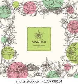 Background with manuka: leaves and flowers of manuka, soap and bath salt. Cosmetic and medical plant. Vector hand drawn illustration