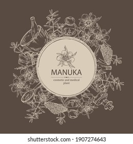Background with manuka: leaves and flowers of manuka, soap and bath salt. Cosmetic and medical plant. Vector hand drawn illustration