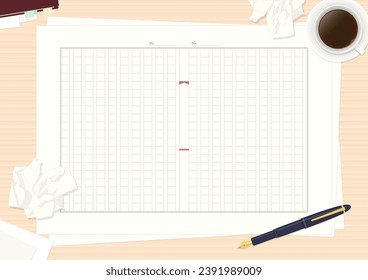 Background with manuscript paper, fountain pen, coffee, and crumpled paper Natural wood grain desk