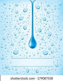 background with many blue droplets and blue water drop falling