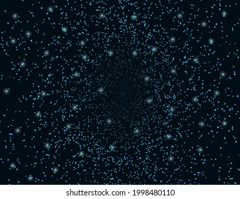 Background with many blue particles and glowing lights on a dark background. Vector illustration