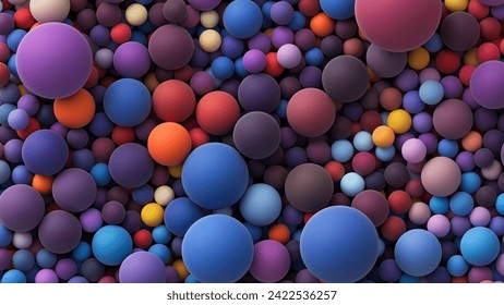 Background with many colored big and small random spheres. Colorful matte soft balls in different sizes. Flat lay with lots of different colored orbs or bubbles. Vector background