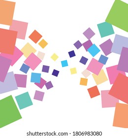 Background of many colored squares of different sizes converging to the center on a white background.