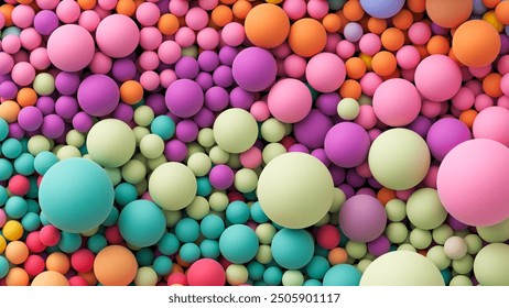 Background with many colorful big and small random spheres. Huge pile of colorful matte soft balls in different sizes. Top view of huge pile of colorful balls in different sizes. Vector background