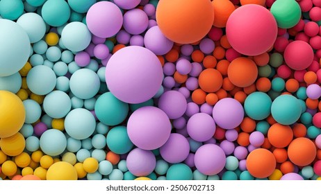 Background with many colorful big and small random spheres. Huge pile of colorful matte soft balls in different sizes. Top view of huge pile of colorful balls in different sizes. Vector background