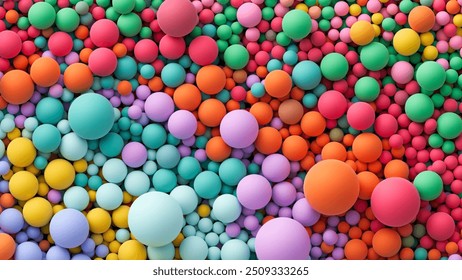 Background with many colorful big and small random spheres. Huge pile of colorful matte soft balls in different sizes. Top view of huge pile of colorful balls in different sizes. Vector background