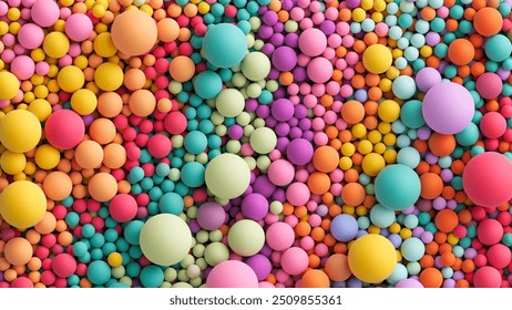 Background with many colorful big and small random spheres. Huge pile of colorful matte soft balls in different sizes. Top view of huge pile of colorful balls in different sizes. Vector background