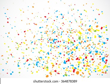 Background with many falling tiny round random confetti, glitter and serpentine pieces blow and sprayed on white background. Isolated.