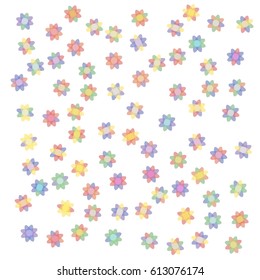 Background of Many Flowers with Red, Green, Blue, Yellow and Violet Petals on White Background