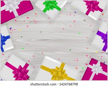 Background with many gift boxes with spaace for text. Vector illustration