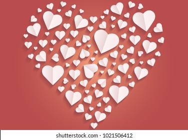 Background with many hearts vector icon, White heart on the red background, Paper cut of heart shape, Logo of valentine day and love symbol.