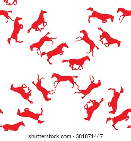 Background with many horses. Seamless pattern with silhouette of horse. Vector seamless pattern with horses. Red horse seamless pattern on isolated background