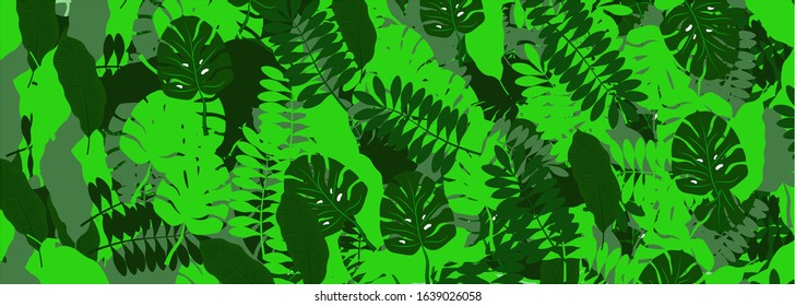 background of many leaves in different shades of green, tropical leaves vector graphics