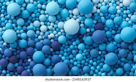Fundo com muitas esferas macias aleatórias cor azul brilhante do oceano. Enorme pilha de bolas de gradiente lisas azuis em vários tamanhos. Decoração de balões coloridos de um festival infantil. Plano de fundo do vetor