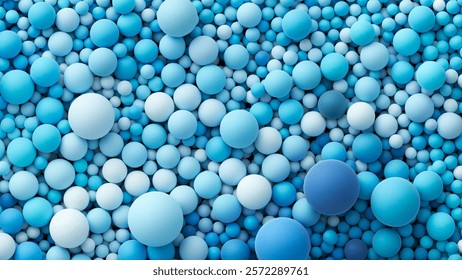 Background with many ocean blue bright color random soft spheres. Huge pile of blue smooth gradient balls in various sizes. Colorful balloons decoration of a children's festival. Vector background