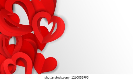 Background with many paper volume hearts with holes, red on white