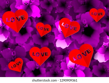 Background with many paper volume hearts red with love text inserted into a cutout. Carpet of purple flowers, pink floral pattern with blooming Hibiscus flowers background. Valentine's day concept