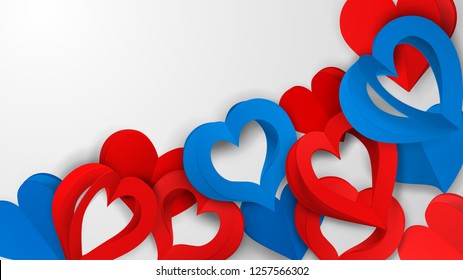 Background with many red and blue paper volume hearts with holes on white