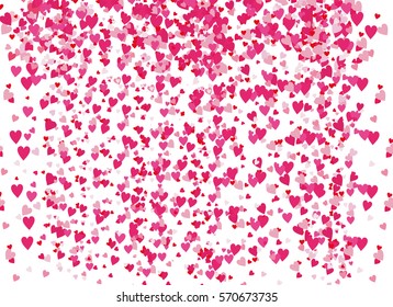 The background of the many scattered hearts.  The theme of love and Valentines Day. Different shades of pink. Confetti backdrop