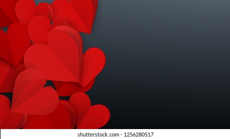 Background with many small paper volume hearts, red on gray