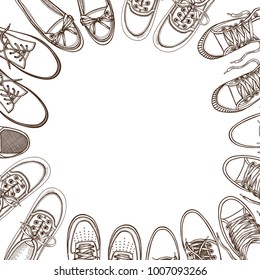 Background of many sports shoes lined up in a circle with free space for text, Hand-drawn vector illustration on a white background, in a sketch style. top view