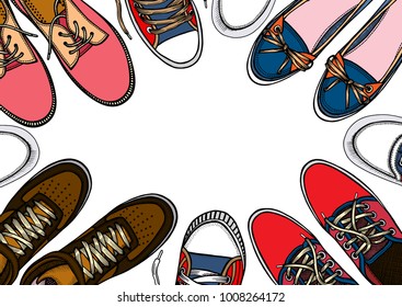 Background of many sports shoes lined up in a circle with free space for text, Hand-drawn vector illustration on a white background, in a sketch style. top view