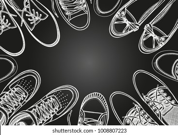 Background of many sports shoes lined up in a circle with free space for text, Hand-drawn vector illustration on a white background, in a sketch style. top view