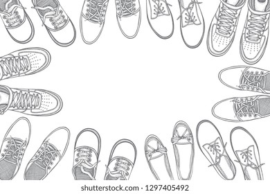 Background of many sports shoes lined up in a circle with free space for text, Hand-drawn vector illustration on a white background, in a sketch style. top view