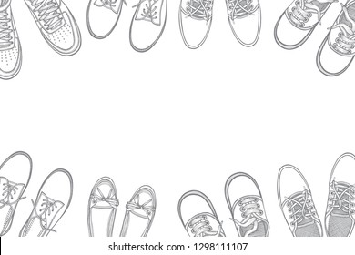 Background of many sports shoes lined up in a circle with free space for text, Hand-drawn vector illustration on a white background, in a sketch style. top view