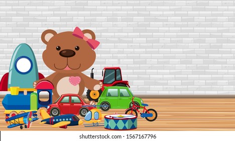 Background with many toys on the floor illustration