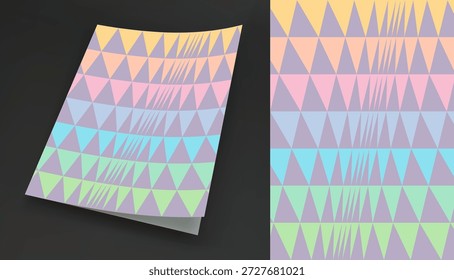 Fundo de muitos triângulos. Layout do livro de capa suave. Modelo de design de capa. Padrão geométrico. Efeito dinâmico e ilusão ótica. Ilustração vetorial para brochura, planejador, diário, bloco de notas.