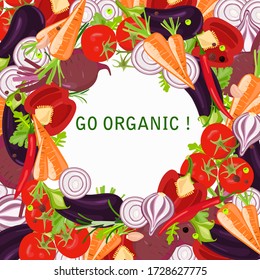 A background of many vegetables: tomato, onion, eggplant, carrots, herbs and spices. A white field in the center for your label. Vector hand drawing.