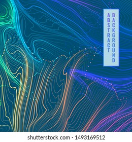 Background with many wavy multicolored deformed lines and dots. 