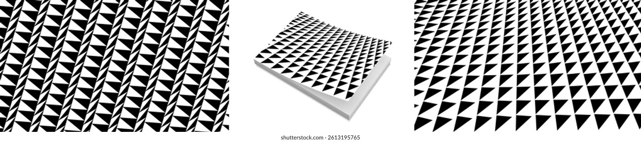 Background of many white and black triangles with dynamic effect and optical illusion. Cover design template for notebook, notepad, book, album, etc. 3d vector illustration.