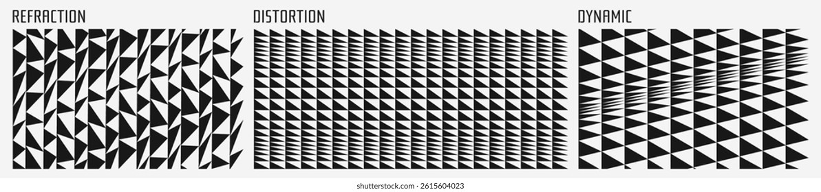 Background of many white and black triangles with dynamic effect and optical illusion. Cover design template. Half-tone vector pattern. 3d illustration for brochure, presentation, flyer or banner.