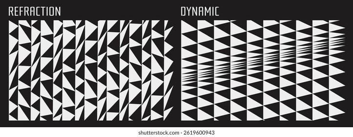 Background of many white and black triangles with dynamic effect and optical illusion. Cover design template. Half-tone vector pattern. 3d illustration for brochure, presentation, flyer or banner.