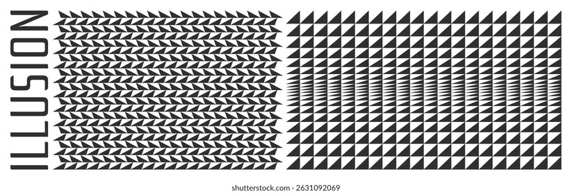 Plano de fundo de muitos triângulos brancos e pretos com efeito dinâmico e ilusão óptica. Modelo de design de capa. Padrão de vetor de meio tom. Ilustração 3d para brochura, apresentação, folheto ou banner.
