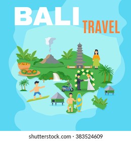 Background map Bali travel green island on blue sea with pictures of tourist places vector illustration