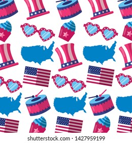 background map hat cupcake sunglasses american happy independence day vector illustration