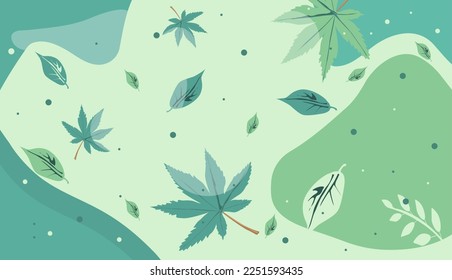 Background with maple tree leaves, green circles and wavy shapes. All layers are grouped together. Vector illustration for web page design