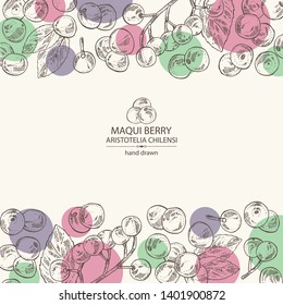 Background with maqui berry: berries and leaves. Aristotelia chiles. Superfood. Vector hand drawn illustration