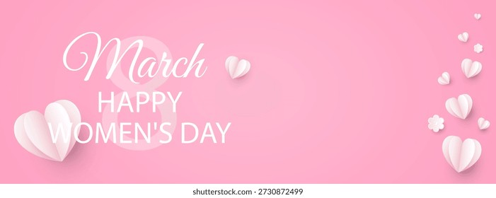 Fondo del 8 de marzo, Día de la Mujer Feliz con texto, número 8 y corazones sobre un fondo rosa. Anuncio dedicado al Día Internacional de la Mujer. Estilo de corte de papel. Vector 10.
