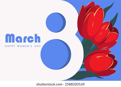 Background for March 8. Red tulips with number 8. Happy International Women's Day. Vector illustration.