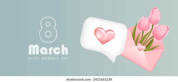 Background for March 8. A speech bubble with a heart, an open envelope with tulips. Happy International Women's Day. Vector illustration.