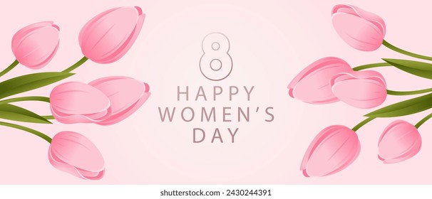 Background for March 8. Tulips on a pink background. Happy International Women's Day. Vector illustration.	