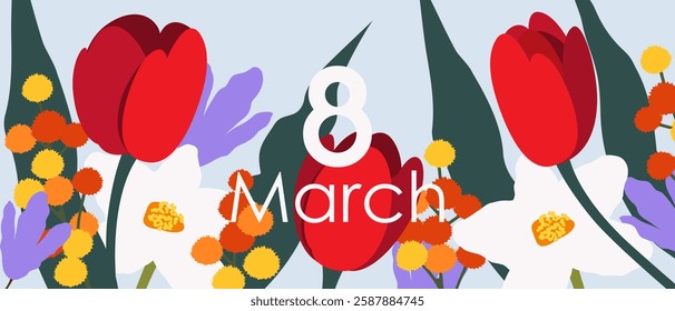 Background for March 8. Web banner with flowers. Happy International Women's Day. Vector illustration.	
