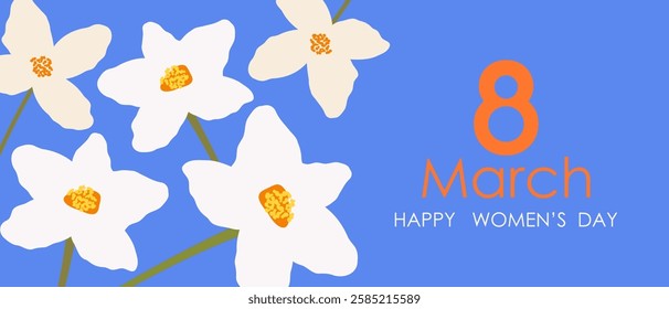 Background for March 8 with white flowers. Happy International Women's Day. Vector illustration.