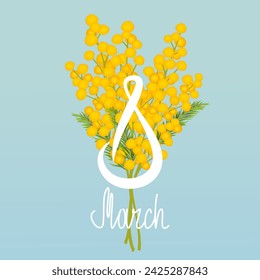  Background for March 8. Yellow mimosa flowers on a blue background. Happy International Women's Day. Vector illustration.