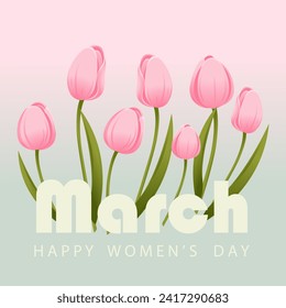 Background for March 8th with pink tulips. Happy International Women's Day. Vector illustration