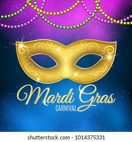 Background for Mardi Gras carnival. Gold glitter text. Luxurious gold glitter mask with sparkles for a masquerade. Golden shine. Colorful balls. Violet blue smoke. Mysterious fog. Vector illustration